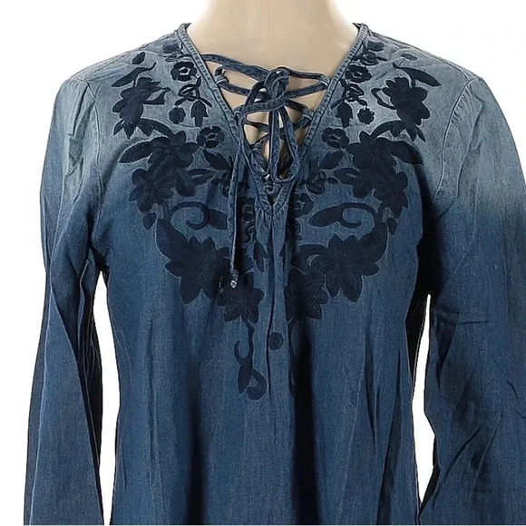 Vintage Nanette Lepore Ombre Denim Shift Dress Lace Up Embroidered Boho Size S - Picture 4 of 4